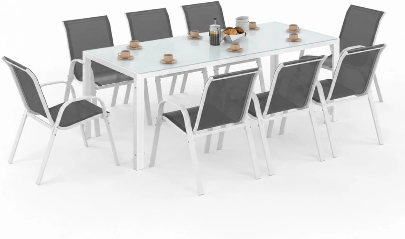 IDMarket - Salon de Jardin Madrid Table 190 cm et 8 chaises empilables, Coloris blanc et gris