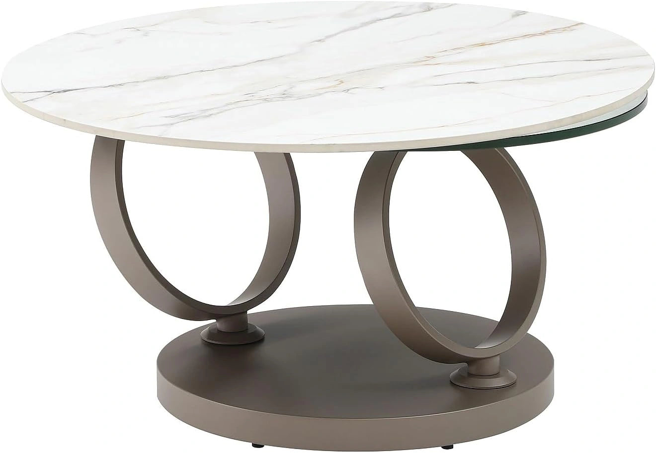 Vente-unique - Table Basse avec Plateaux pivotants en céramique, Verre trempé et métal Taupe - Effet marbre Blanc - Joline de Maison Céphy
