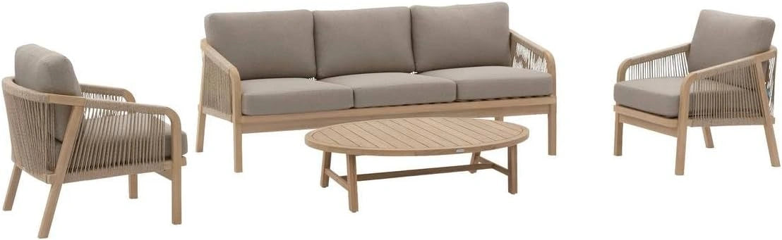 Hespéride - Salon de Jardin Papouasie Acacia - 5 Places - Coussins Déhoussables - Tissu Déperlant - Mobilier Extérieur pour Terrasse Balcon Patio