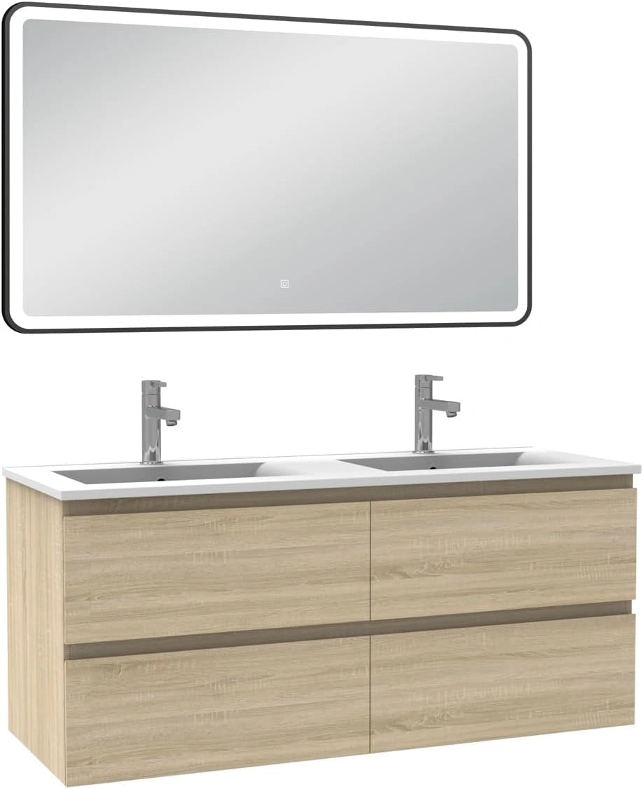 AICA Meuble Salle de Bain 120 cm Chêne Wotan Double Vasque + Miroir Lumineux 3 Couleurs + dimmable