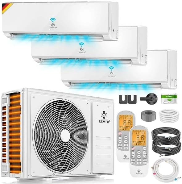 KESSER Climatiseur multisplit 3 unités intérieures, 27000 BTU, climatiseur split avec Wi-Fi/application, chauffage et refroidissement, mode éco, très