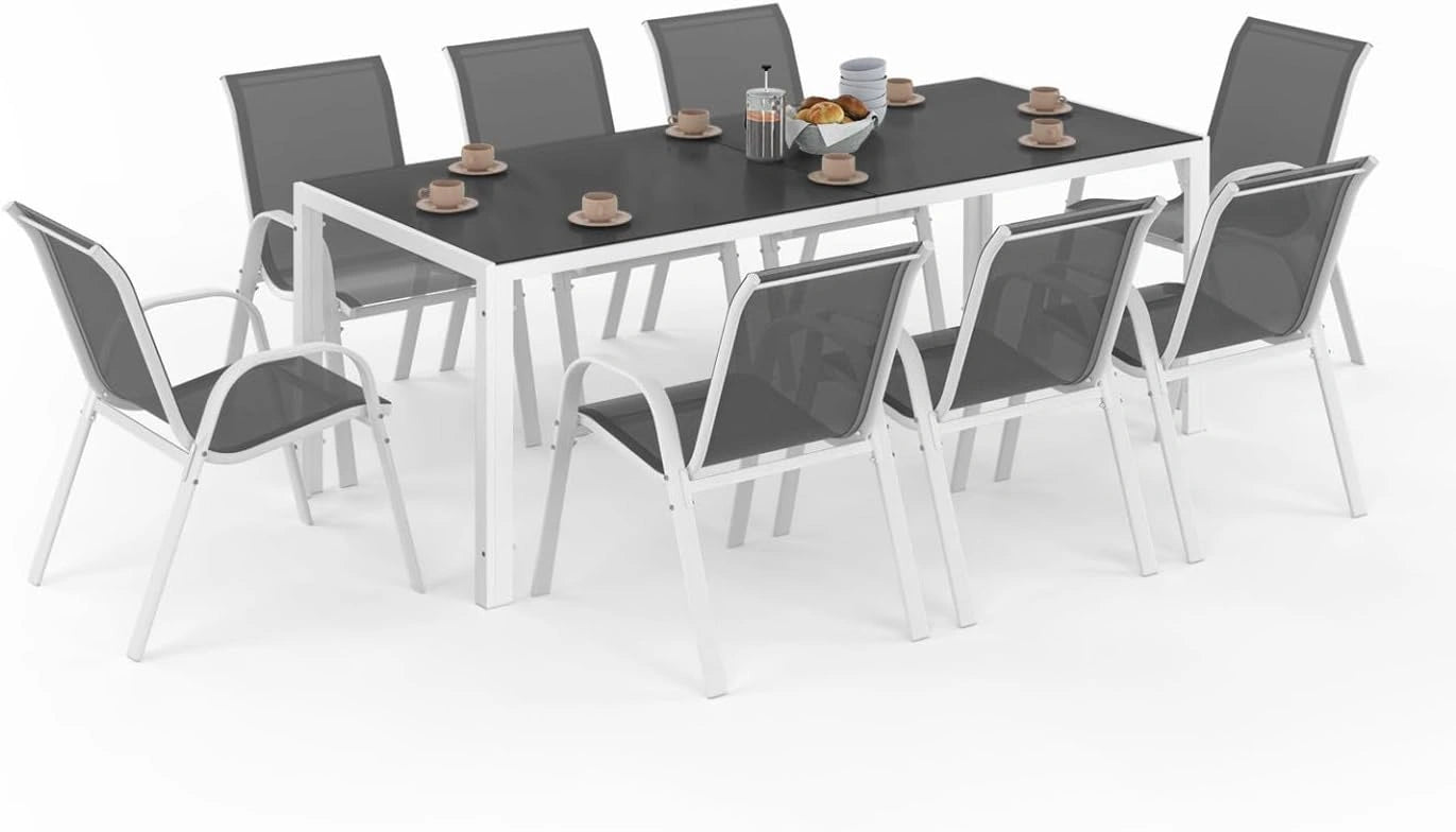 IDMarket - Salon de Jardin Madrid Table 190 cm et 8 chaises empilables, Coloris blanc et gris