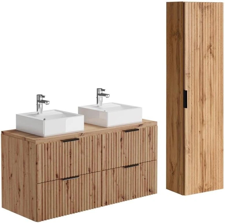 Vente-unique - Meuble de Salle de Bain Suspendu strié avec Vasque à Poser et Colonne - Naturel Clair - 120 cm - ZEVARA