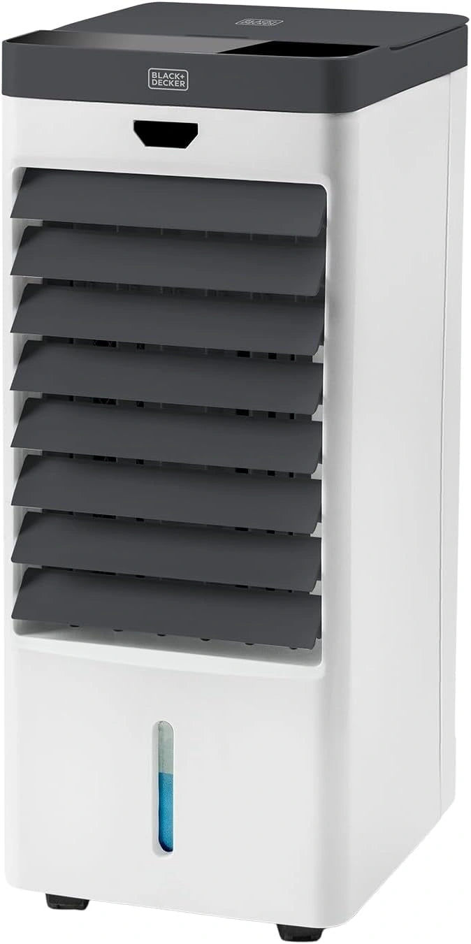 BLACK+DECKER - Rafraîchisseur d'air évaporatif 75 W, Noir, Réservoir 5 L, Minuterie 7,5 h, 3 vitesses et modes, 4 bacs à glace, Écran digital