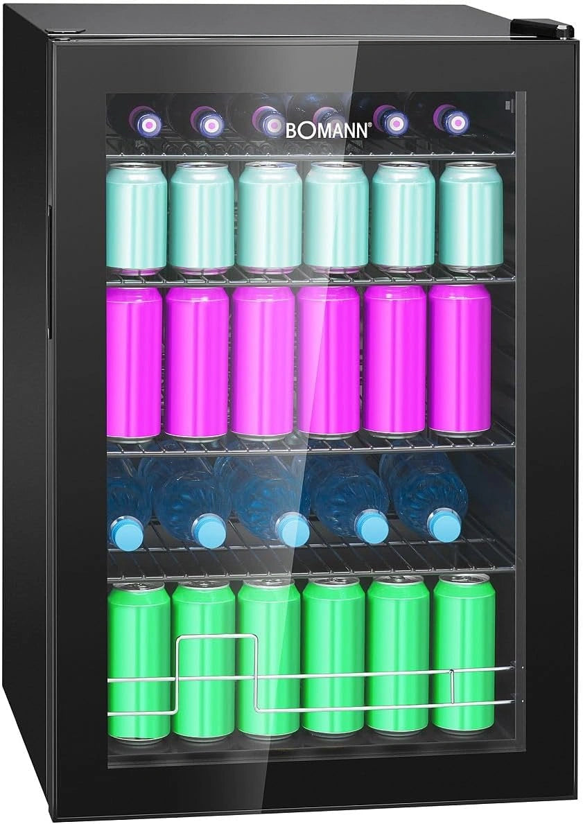 Bomann Réfrigérateur à Boissons 115 L KSG 7290, Noir, contrôle +3 à +18 °C, 4 étagères câblées, Éclairage LED, porte double vitrage, sodas et bières