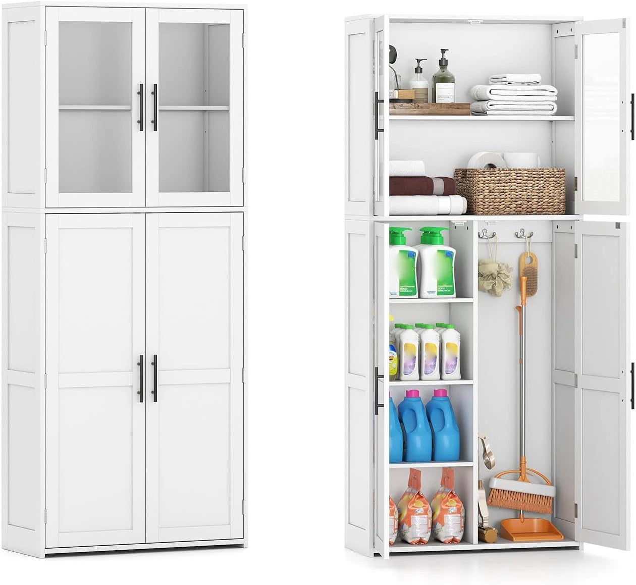 COSTWAY Meuble Colonne Salle de Bain, Blanc, Meuble de Rangement avec 2 Placards, 70 x 30 x 168 cm, Armoire à Balais, Étagère Réglable, Cuisine