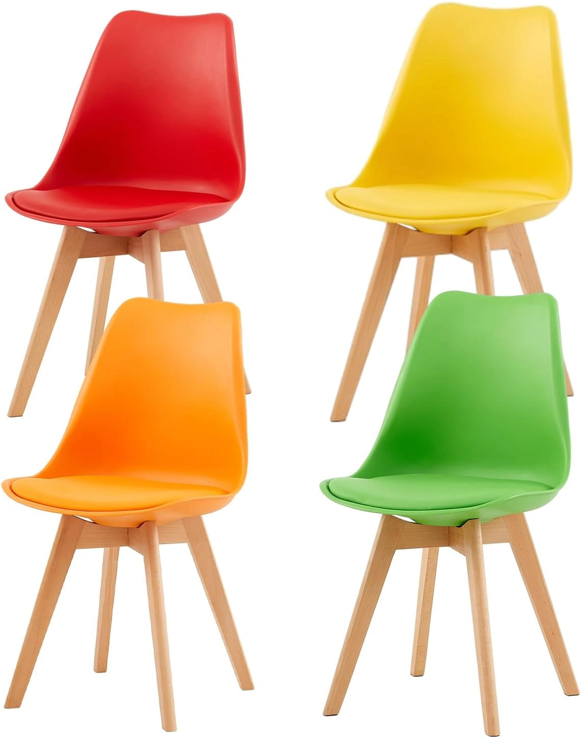 H.J WeDoo Lot de 4 Chaises Salle à Manger Scandinaves, Chaises Cuisine Design avec Coussin, Bois de Hêtre Massif, Gelb+Rot+Grün+Orange