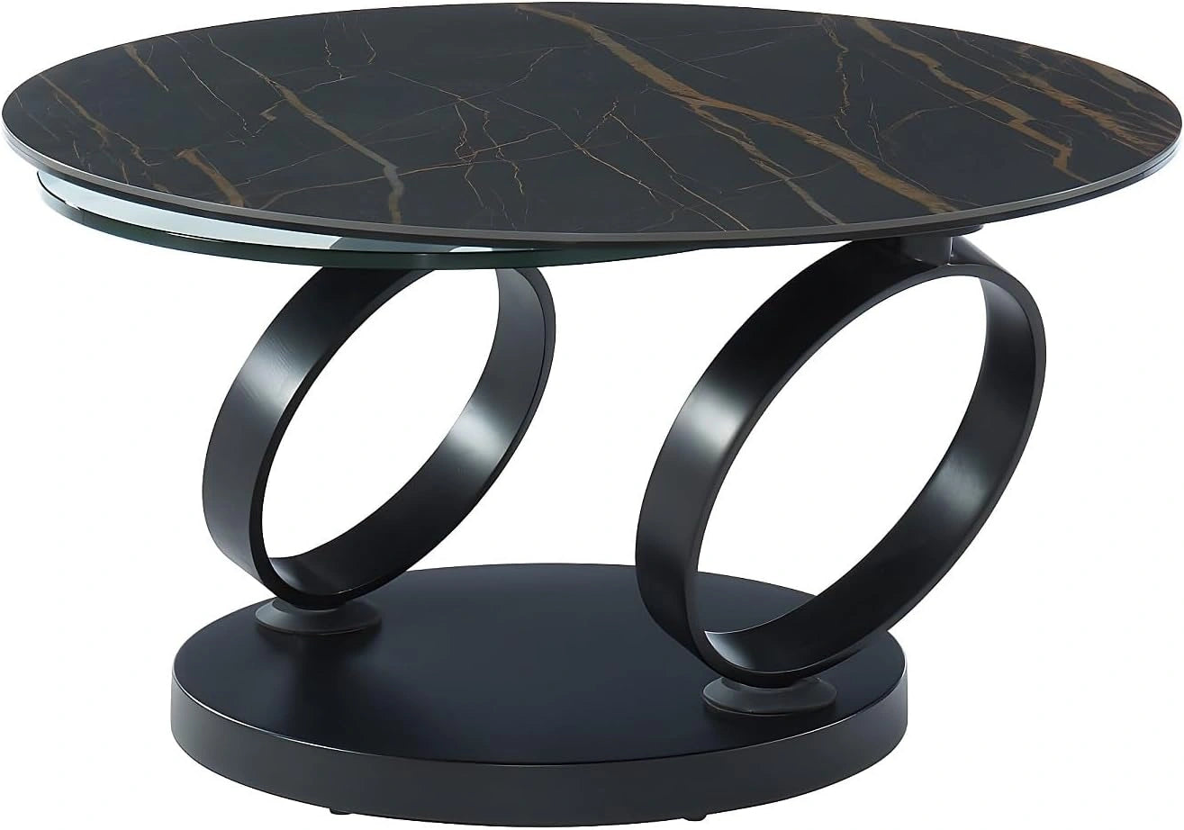 Vente-unique - Table Basse avec Plateaux pivotants Joline - Céramique et Verre trempé - Effet marbre Noir