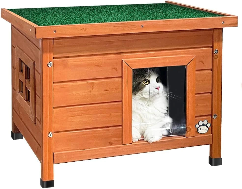 VOUNOT Maison de Chat en Bois avec Toit Bitumé et Fenêtre Plexiglas Maison de Toilette pour Chat Meuble de Bac avec Porte Niche 57x45x43 cm