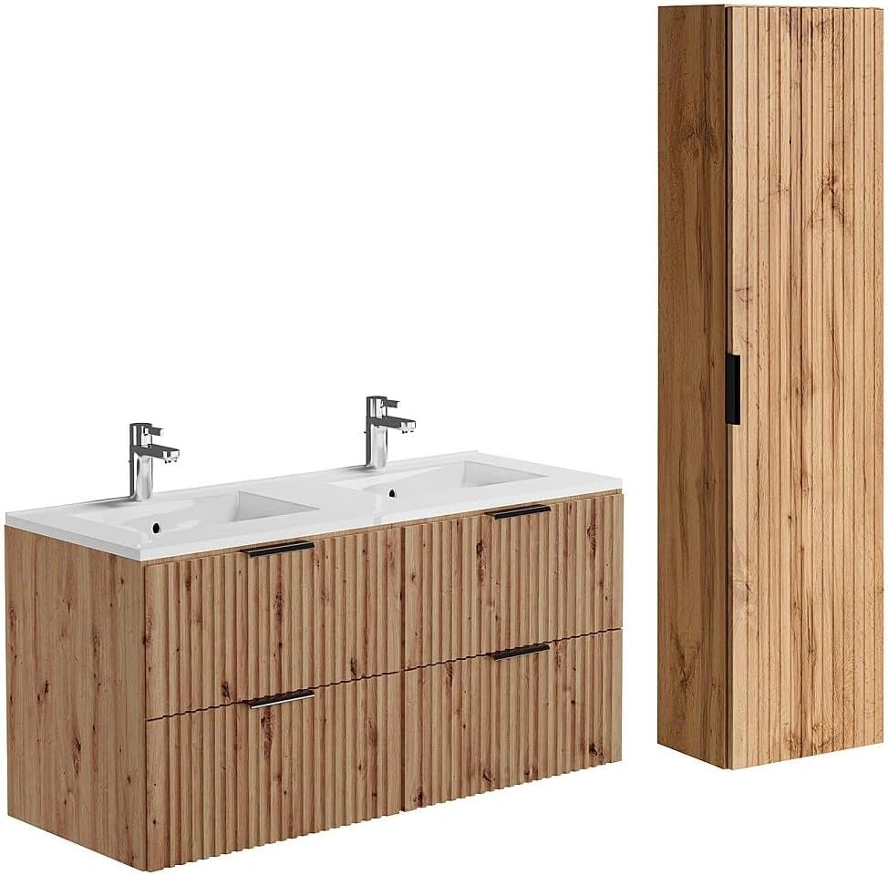 Vente-unique - Meuble de Salle de Bain Suspendu strié avec Vasque à encastrer et Colonne - Naturel Clair - 120 cm - ZEVARA