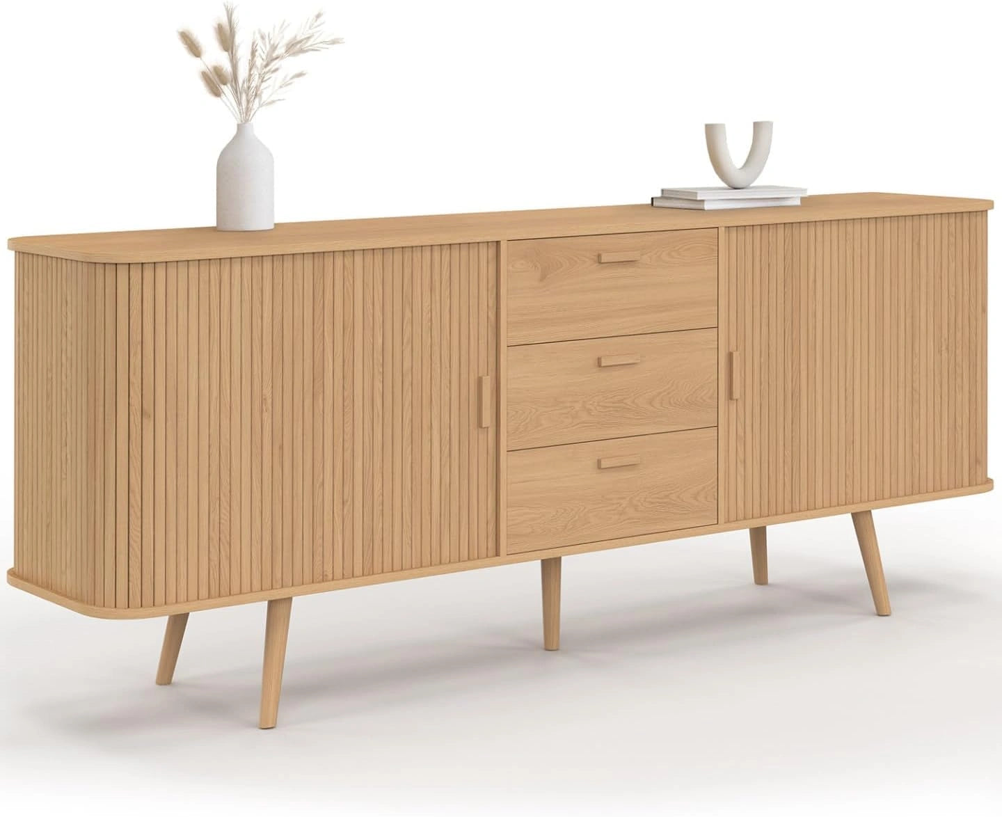 IDMarket - Buffet 200 cm Romie XXL Effet Lattes, Avec 2 portes coulissantes, 3 tiroirs