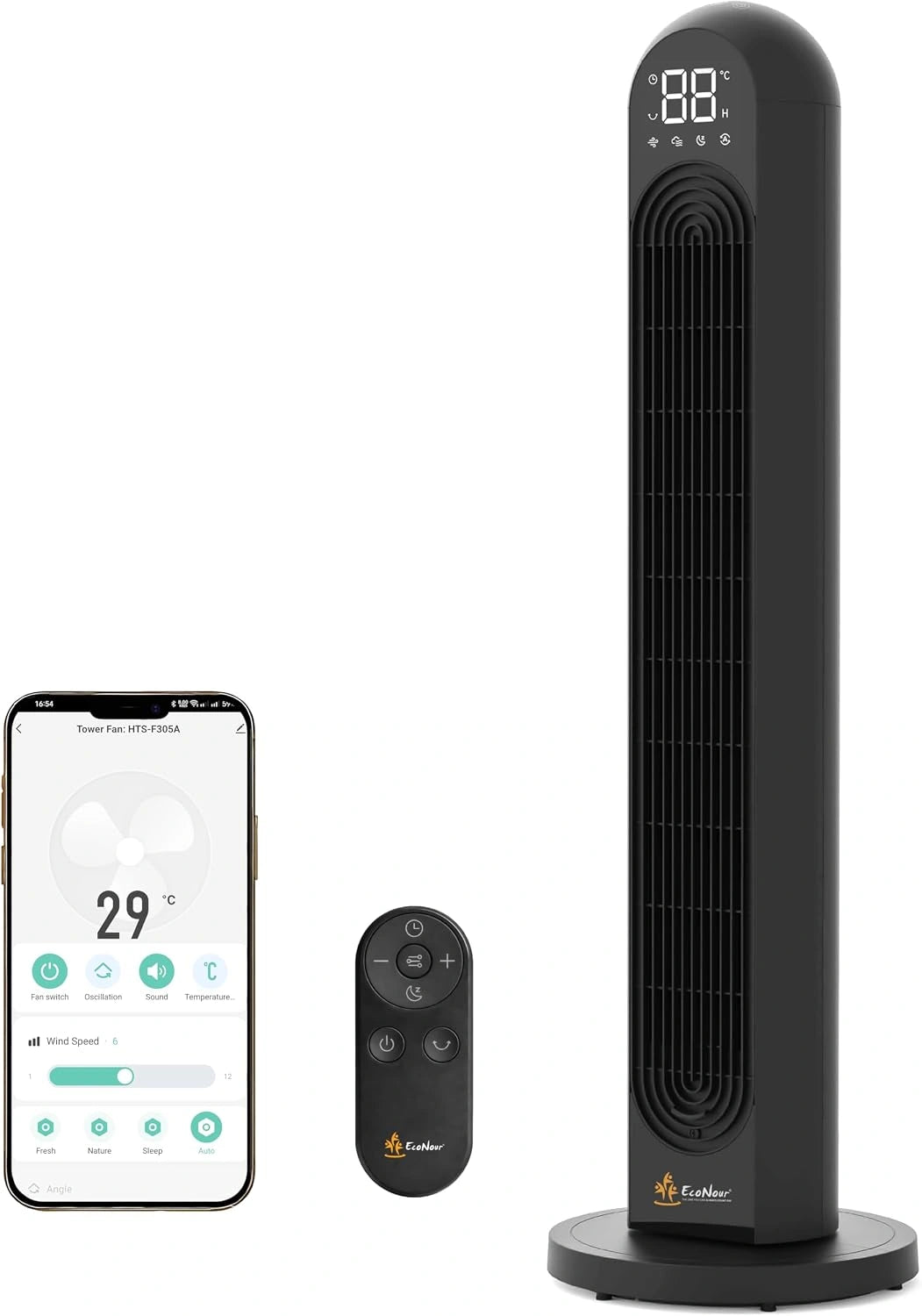 EcoNour Ventilateur Tour Intelligent 42 Pouces, Noir, 12 Vitesses, 4 Modes, Minuterie 12 h, Ventilateur Oscillant Sans Pales Wi-Fi avec Alexa
