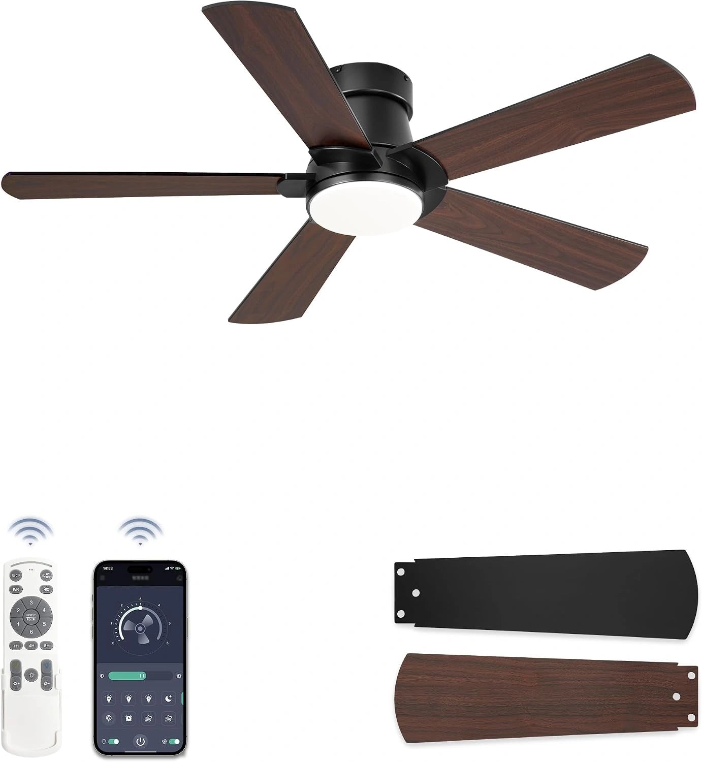 ZMISHIBO Ventilateur de Plafond avec Lumière LED Ø 106 cm, 6 Vitesses, 10-100% dimmable, Finition Noire et Bois Noyer, Design Extra-Plat