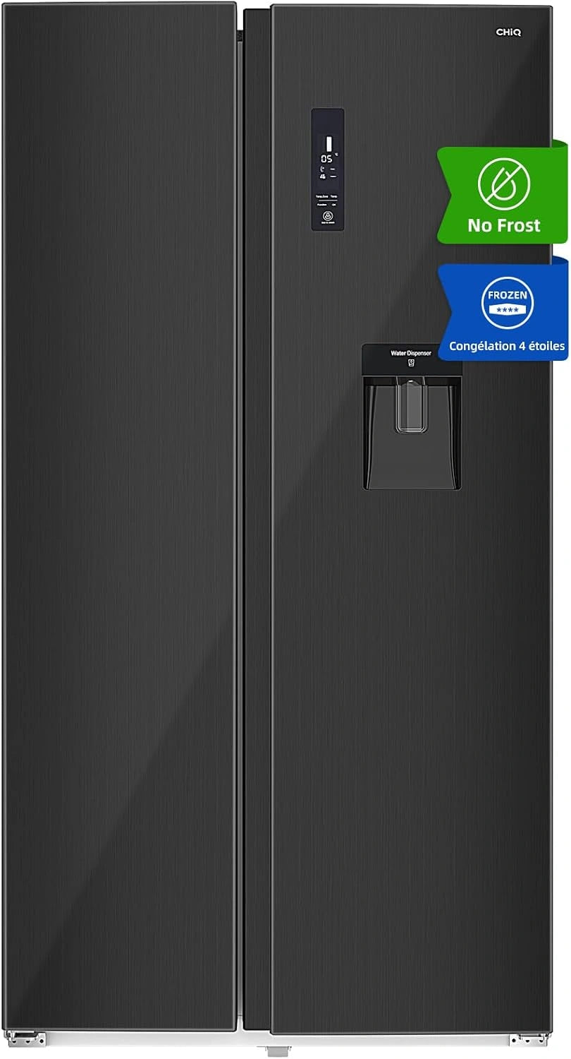 CHiQ 559 L Réfrigérateur Américain Inverter Distributeur Eau Noir, FSS559NEI42D, Garantie Compresseur 12 Ans, No Frost, Écran LED Numérique