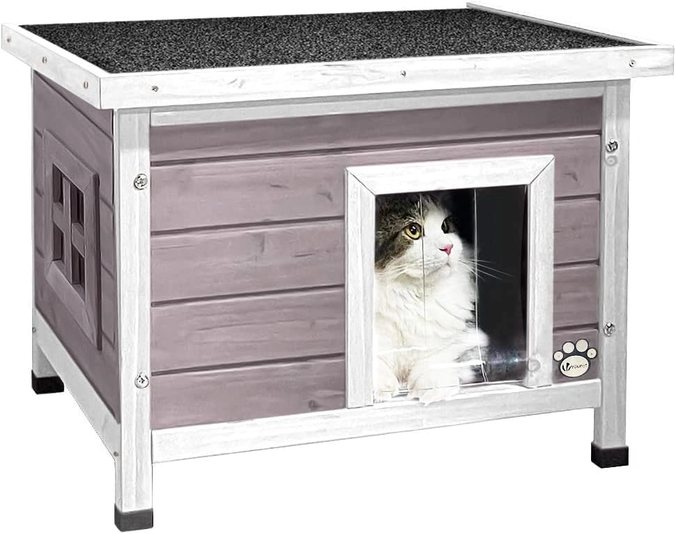 VOUNOT Maison de Chat en Bois avec Toit Bitumé et Fenêtre Plexiglas Maison de Toilette pour Chat Meuble de Bac avec Porte Niche 57x45x43 cm Gris