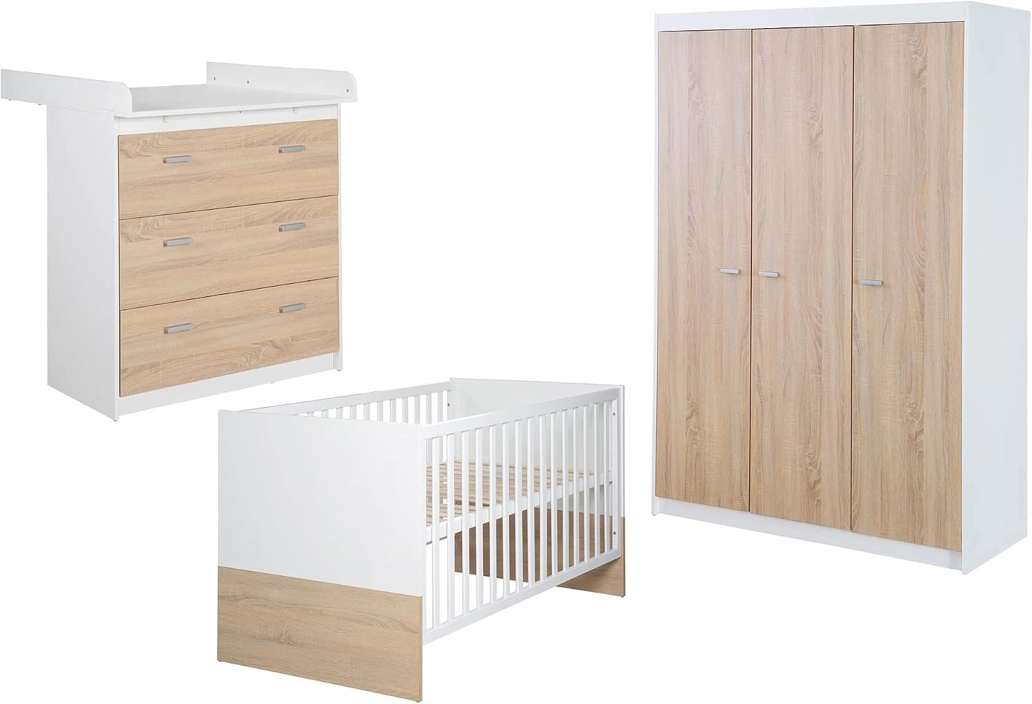 roba Chambre Bébé Complète Gabriella - Lit Évolutif 70 x 140 cm + Commode à Langer Étroit + Armoire 3 Portes - Blanc/Décor Bois