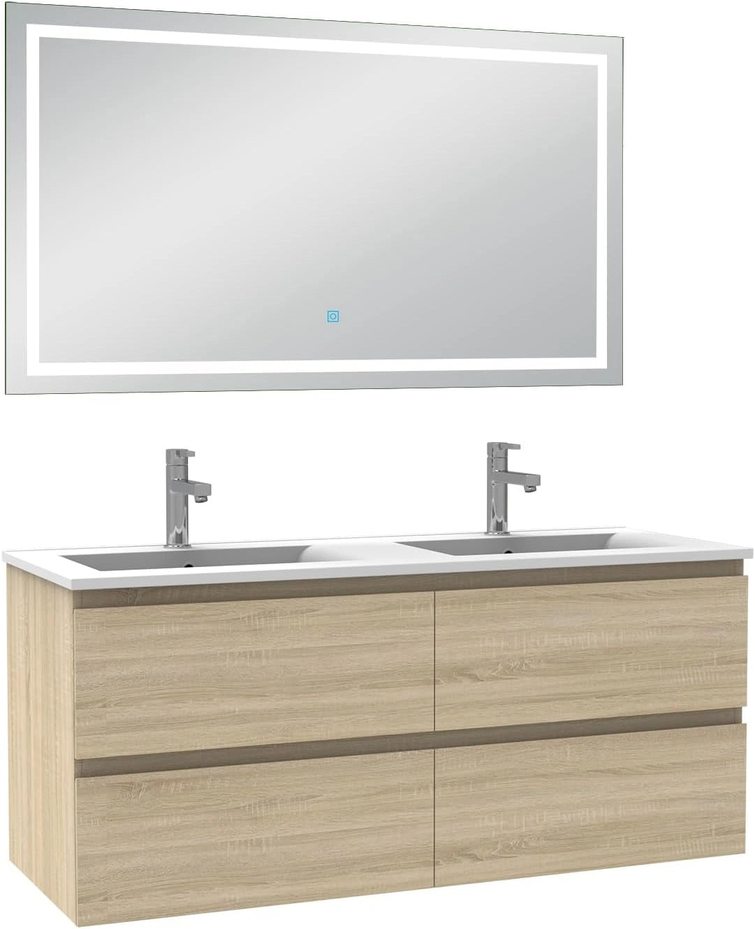 AICA Meuble Double Vasque 120 cm Salle de Bain + Miroir Lumineux 120 cm, Meuble avec Céramique Vasque 120 cm, Fonction Soft-close, Chêne Wotan