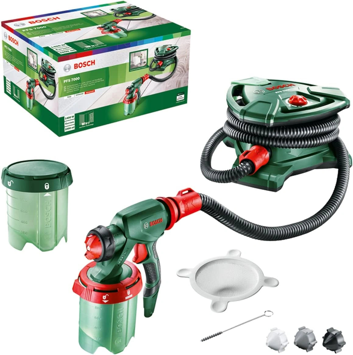 Bosch Pistolet à peinture PFS 7000 (1 400 W, 2 godets de peinture 1 000 ml, 3 buses pour peintures murales, filtre de peinture, brosse de nettoyage