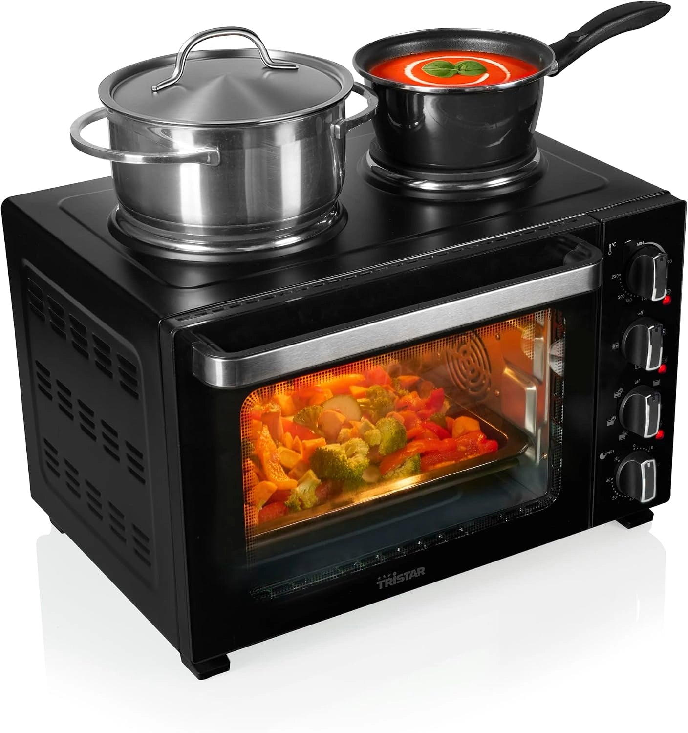 Tristar Four à convection avec 2 plaques de cuisson, Noir, capacité 35 L, 3200 W, OV-3670, corps en acier, mini-cuisine compacte pour repas complets