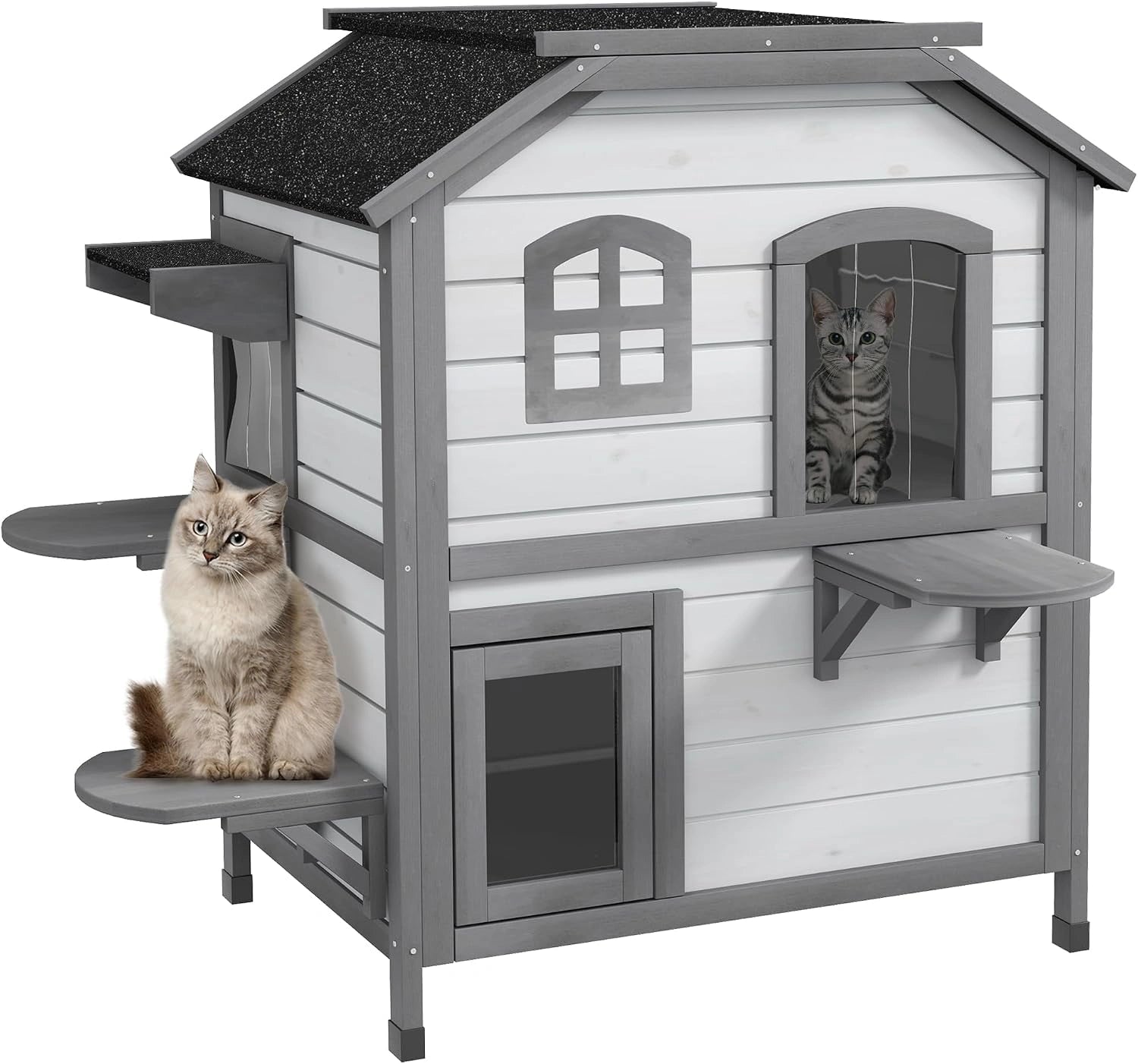 PawHut Maison pour Chat 2 étages extérieure avec Toit ouvrant Blanc, porte de sortie, plateformes de saut