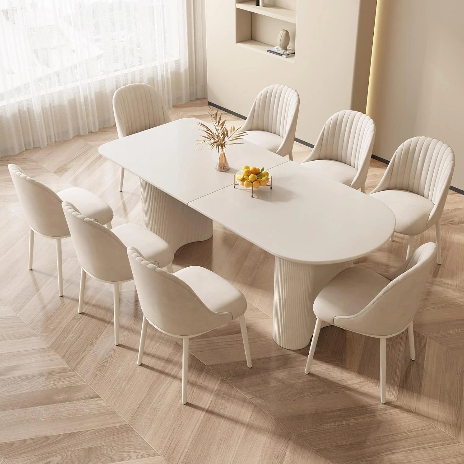 Miuuod Grand ensemble de table à manger ovale de 70' avec 8 chaises rembourrées, blanc, plateau de table résistant aux rayures et pieds ondulés
