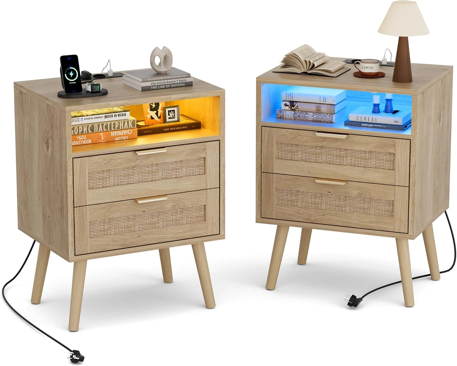 BonVache Table de Chevet Lot de 2 avec Lumière Réglable, Compartiment Ouvert et 2 Tiroirs en Cannage, Table de Nuit, Prise intégrée et Ports USB-C