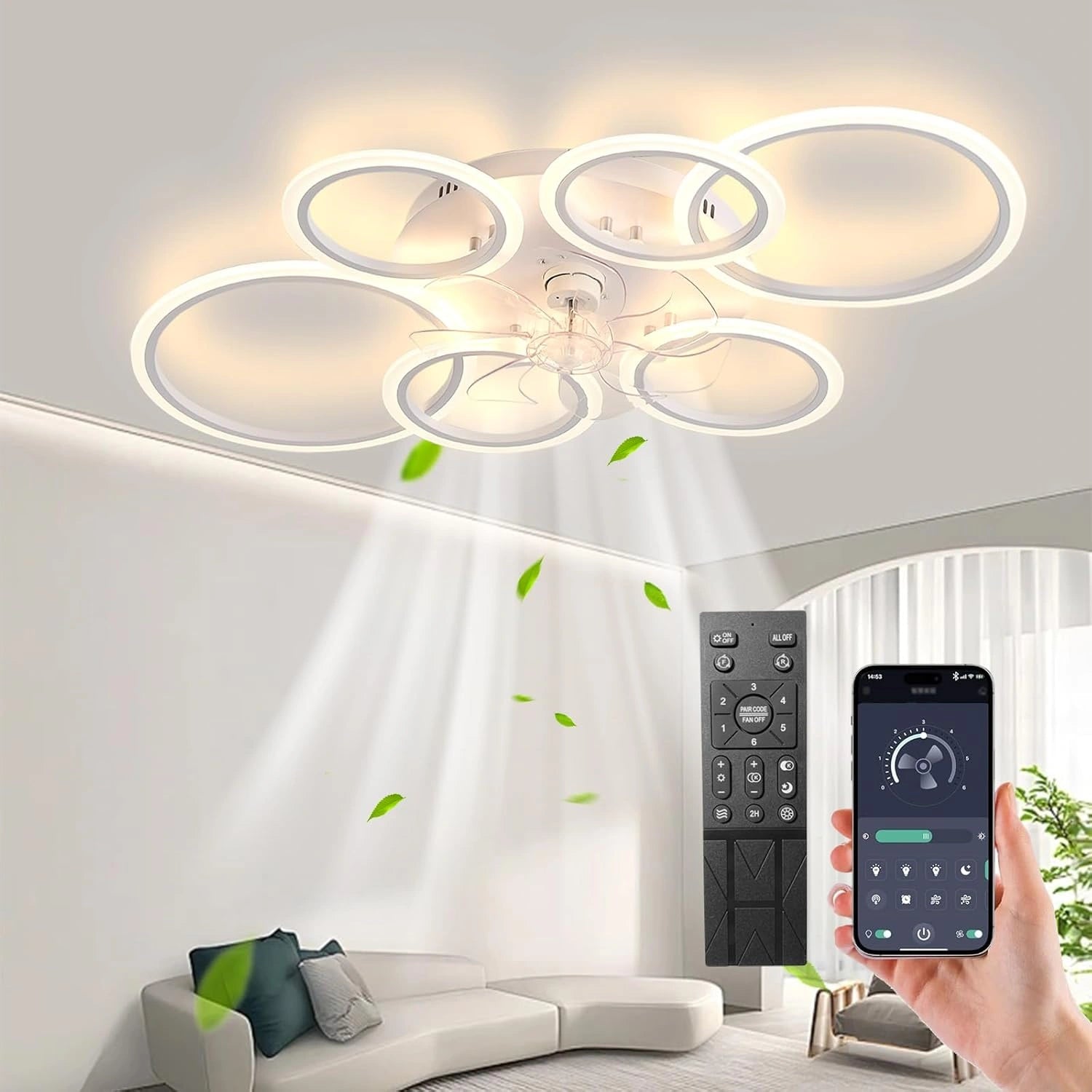 Ventilateur de plafond LED avec éclairage, blanc, lampe 110 cm avec ventilateur et télécommande, plafonnier 105 W avec lumière, pour chambre à coucher