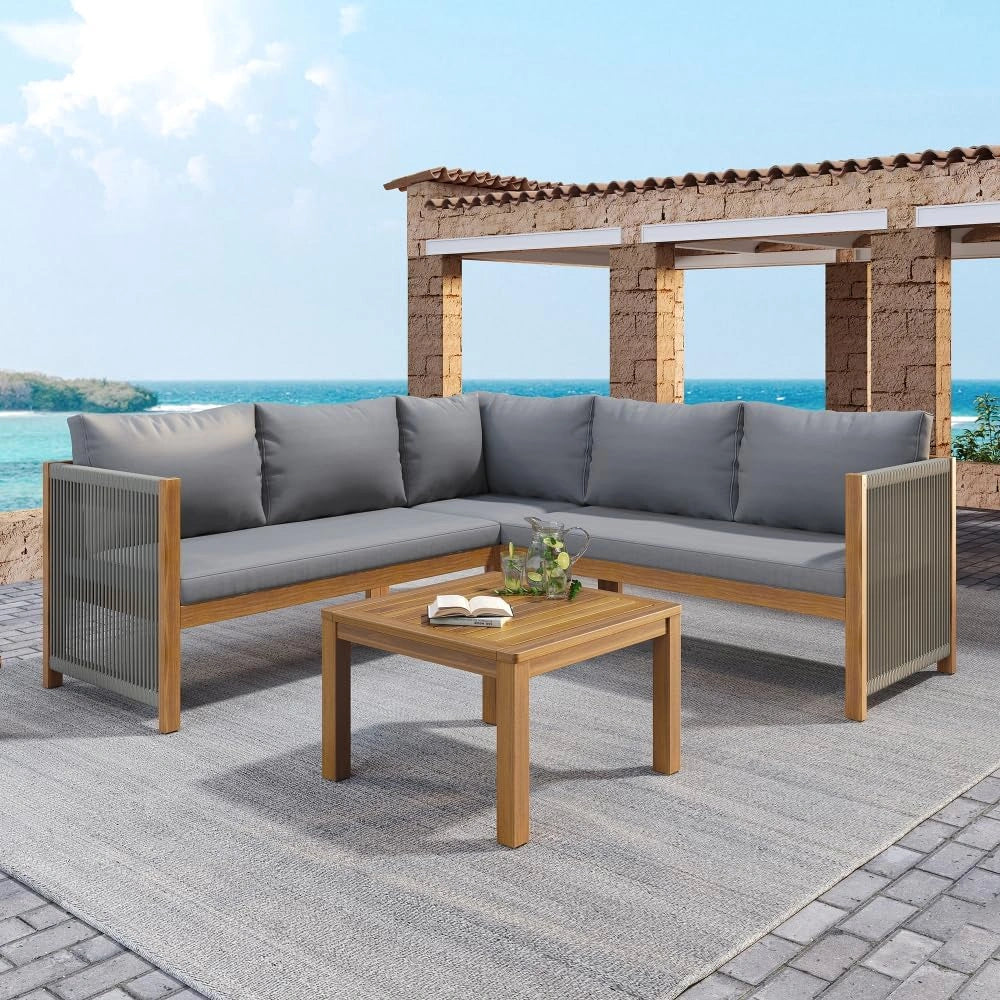 Salon de jardin exterieur 4/6 personnes, idéal pour le jardin (Gris), canapé extérieur, Ensemble de mobilier de jardin, canapé d'angle + table basse