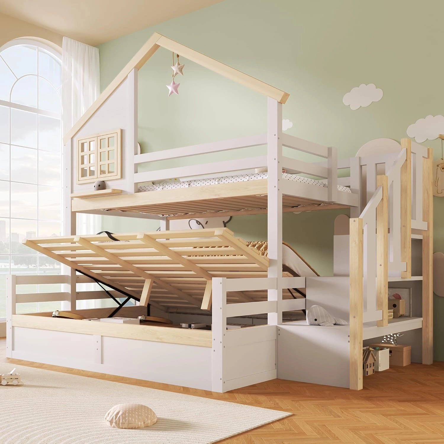 Lit superposé 90/140 x 200 cm avec espace de rangement hydraulique, cadre de lit enfant avec sommier à lattes(A-Blanc + Naturel 90+140)