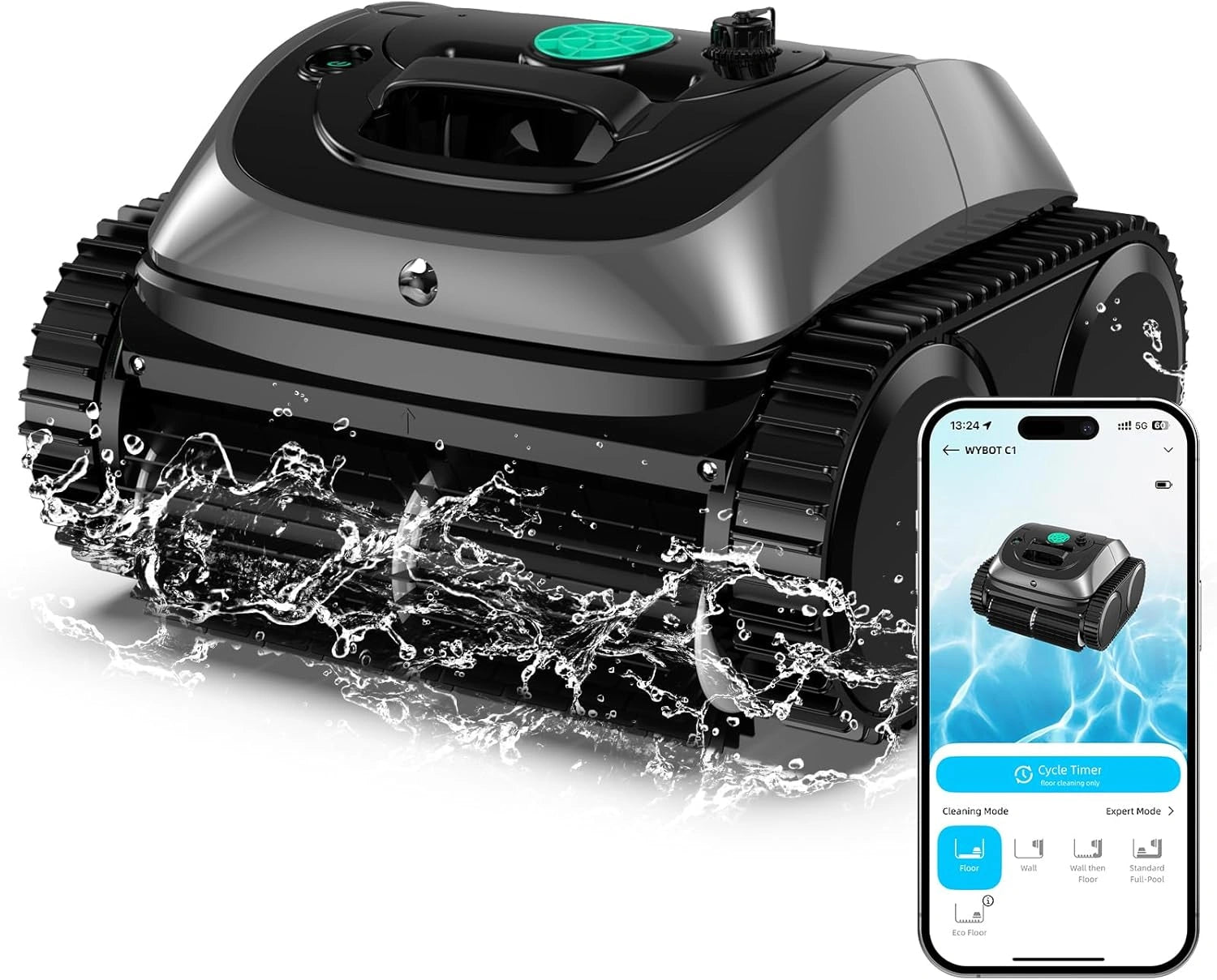 WYBOT C1 Robot Piscine Fond et Parois 150 Min Aspirateur Piscine avec Planification Intelligente des itinéraires, 150 m² Nettoyage Rapide(Vert Gris)