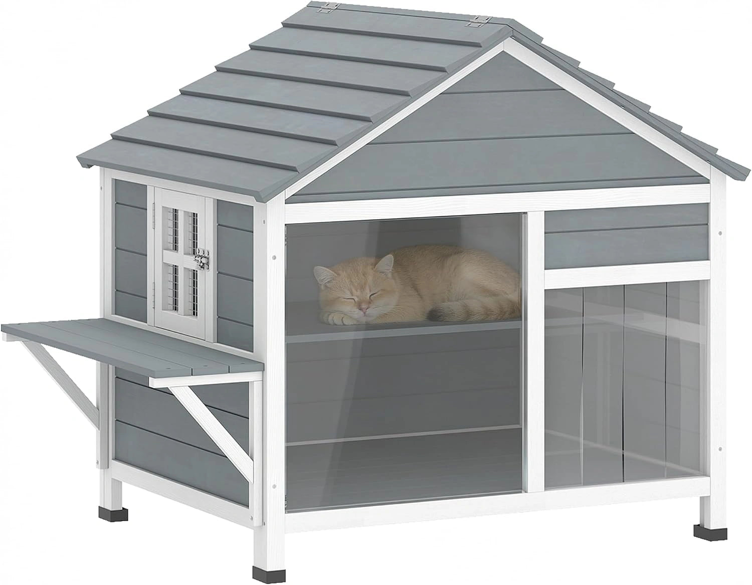 PawHut Maison pour Chat en Bois Toit Ouvrant Fenêtre 101x72,5x81 cm Gris, Résistant aux Intempéries, Niche Chat Extérieur, Porte à Lamelles