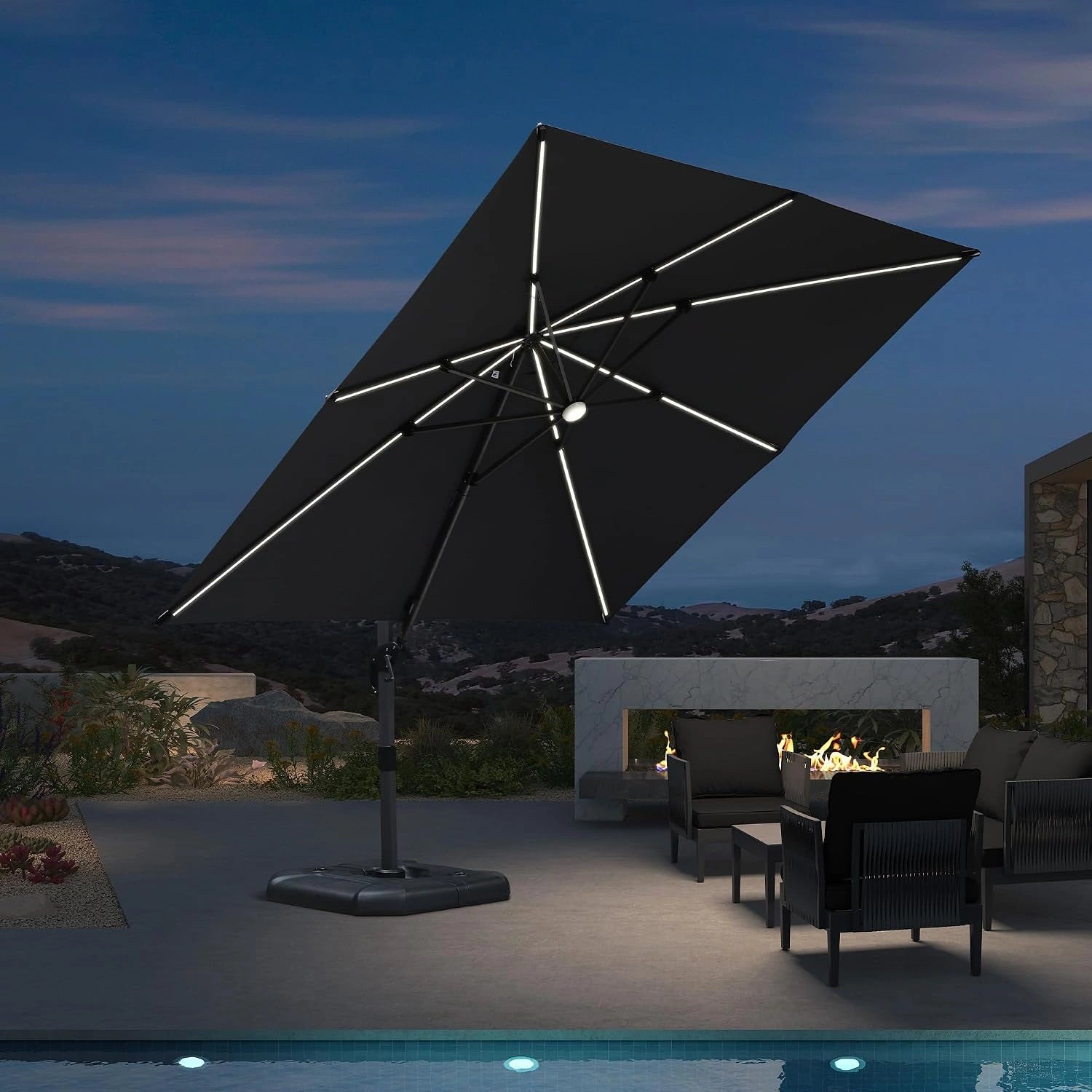 PURPLE LEAF Parasol Déporté 3 x 3 m Gris avec Éclairage LED Pied en Croix, Toile 240g/m² Protection UV50, 5 niveaux d'inclinaison, Piscine