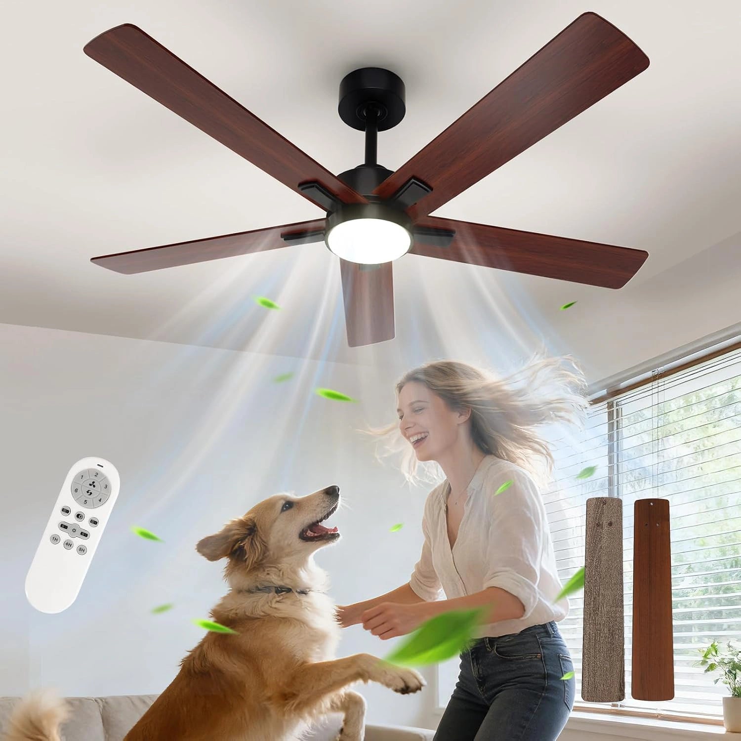 Comely Ventilateur de Plafond 132 cm avec Lumière LED Télécommande, 6 Vitesses, 3 Températures Couleur, Moteur CC Réversible Été/Hiver, Noyer