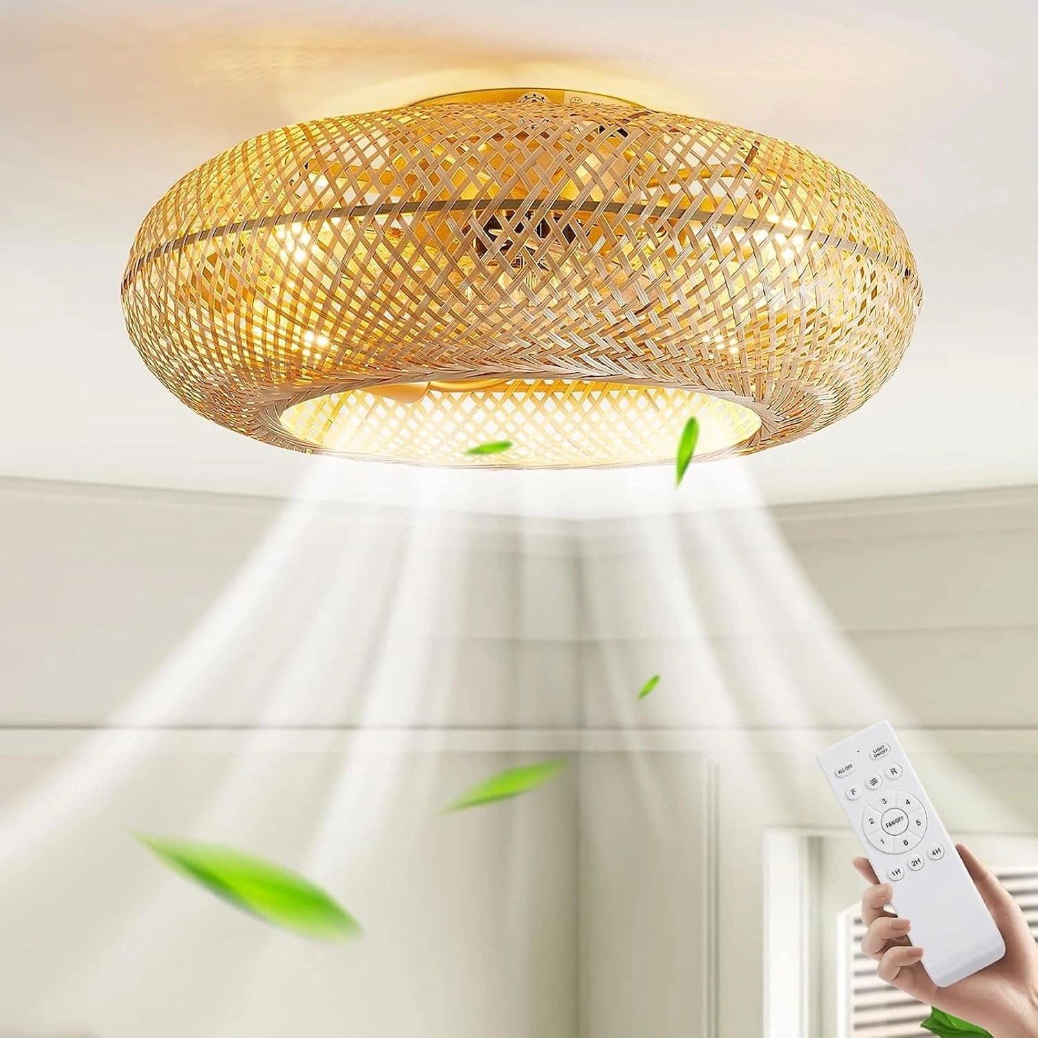 Ventilateur De Plafond Avec Éclairage Et Télécommande, Plafonnier Rétro Silencieux E27 En Bambou Avec Ventilateur, chambre À Coucher