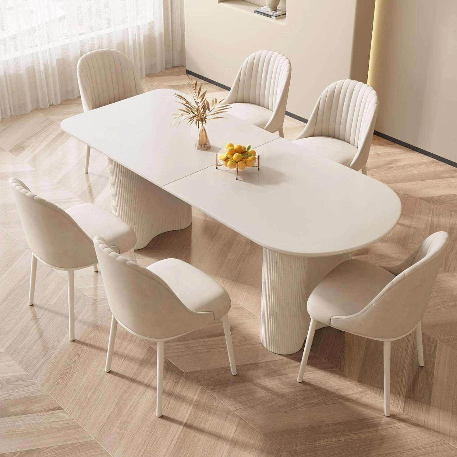 Miuuod Grand ensemble de table à manger ovale de 70' avec 6 chaises rembourrées, plateau de table résistant aux rayures et pieds en forme de vague