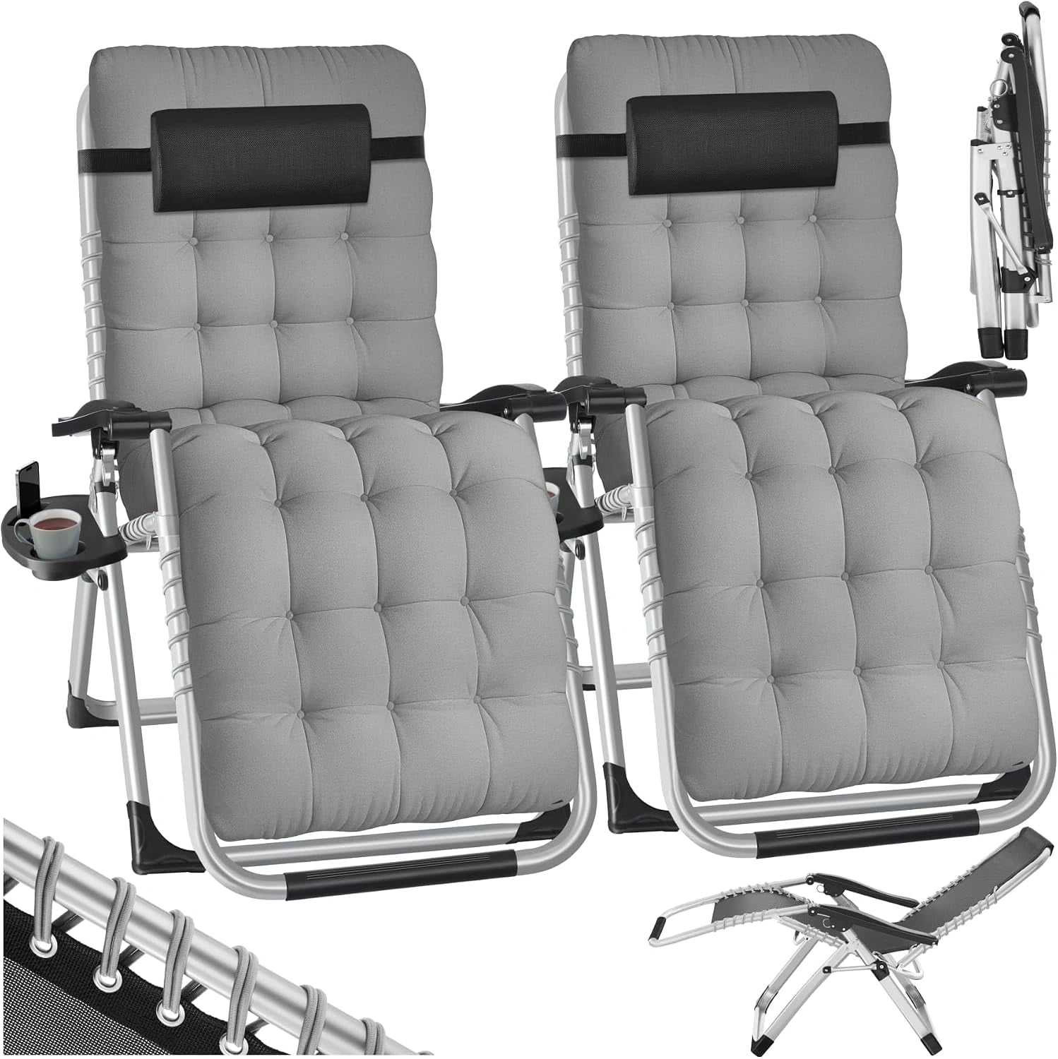 tectake Lot de 2 Fauteuil de Jardin Chaise Longue Pliable et Inclinable avec Rembourrage Repose Pieds Accoudoirs Appuie-tête Amovible Salon