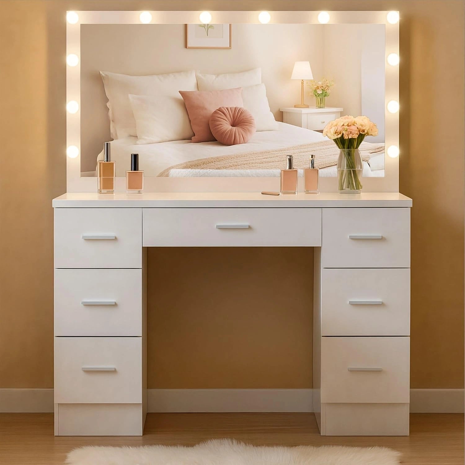 CLP Coiffeuse avec éclairage et Miroir 110x55 cm Ginny, Couleur:Blanc, Miroir Hollywood à LED dimmable avec 3 Couleurs de lumière, avec tiroirs