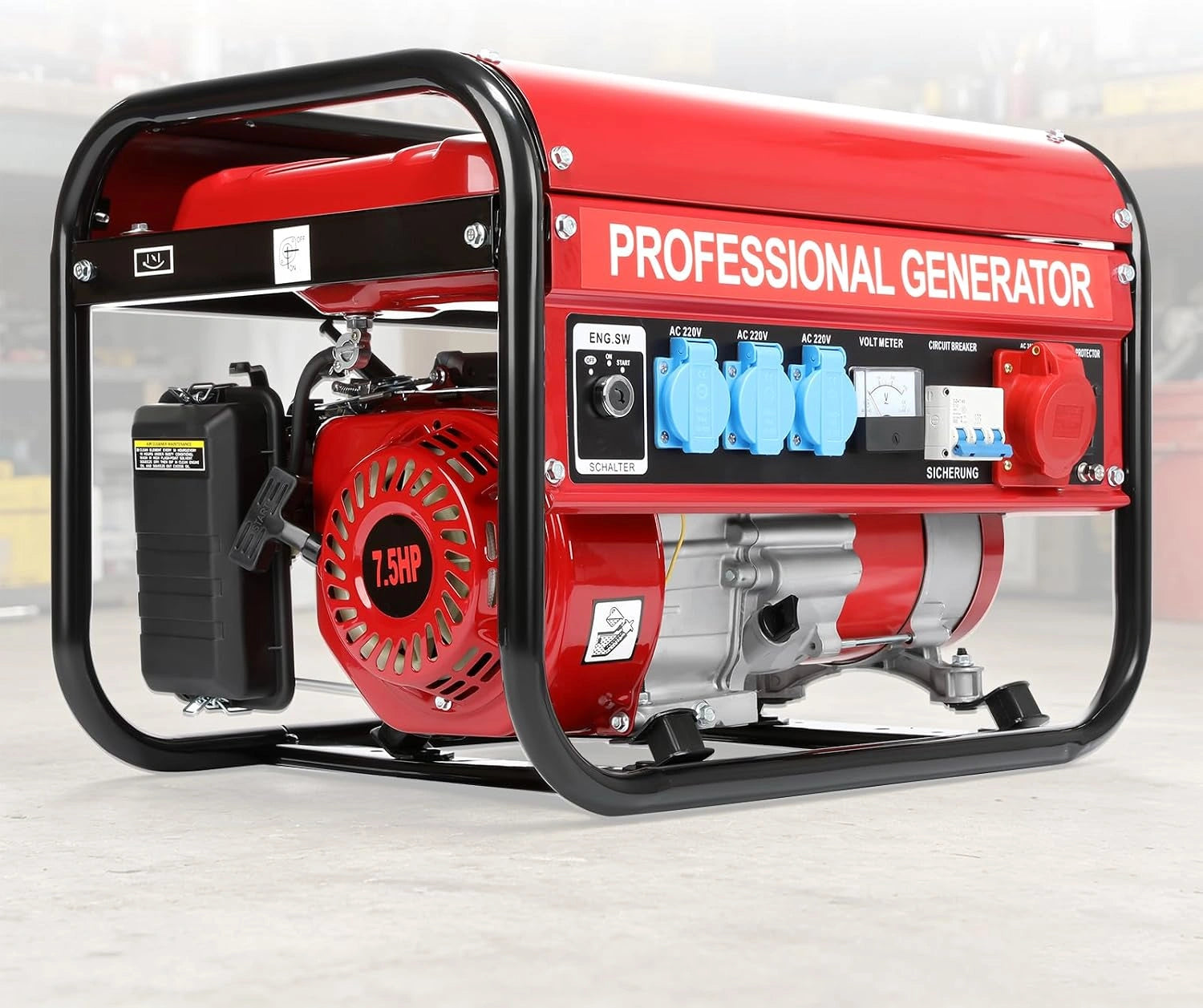 Générateur de courant avec générateur de courant à essence - Générateur de secours silencieux - 5 prises - 3 x 230 V / 1 x 400 V / 1 x 12 V - 7,5