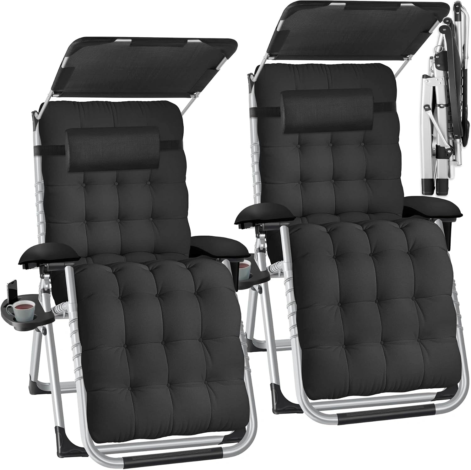 tectake Lot de 2 Fauteuil de Jardin Bain de Soleil avec Pare Soleil Chaise Longue Pliable et Inclinable avec Rembourrage Repose Pieds Appuie-tête