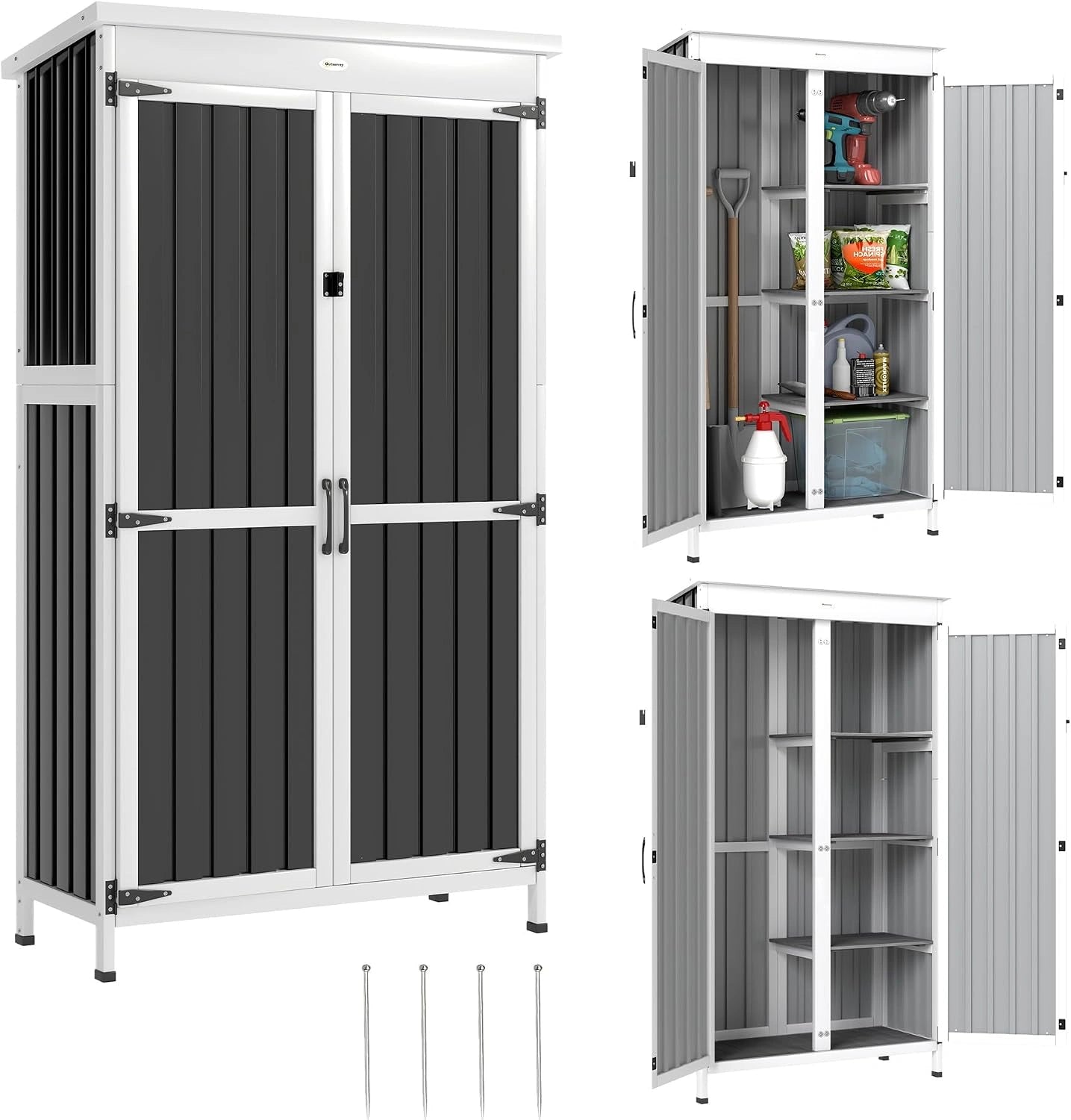 Outsunny Armoire de Jardin en Bois Acier Galvanisé Portes Doubles Noir, 3 Étagères Amovibles, Fermeture Métallique, Toit en Asphalte Imperméable
