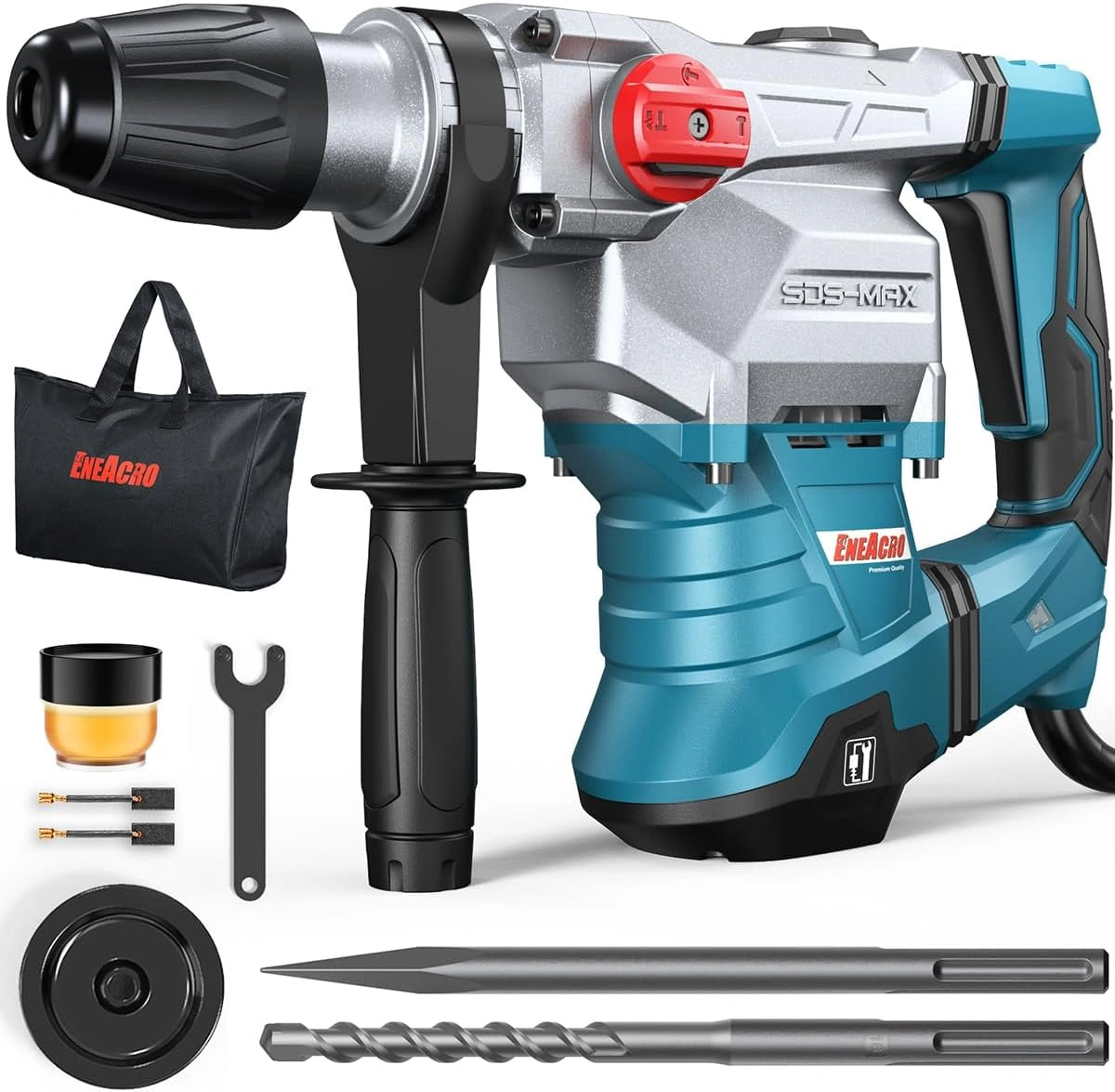 ENEACRO Marteau Perforateur SDS-Max Professionnel 12J, 1500 W, Foret et sac de Transport