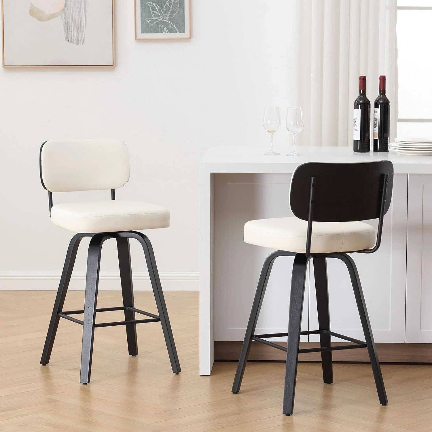 Lot de 2 tabourets de bar avec dossier rembourré en bois de hêtre noir, cuir synthétique blanc, hauteur d'assise 65 cm, charge jusqu'à 150 kg