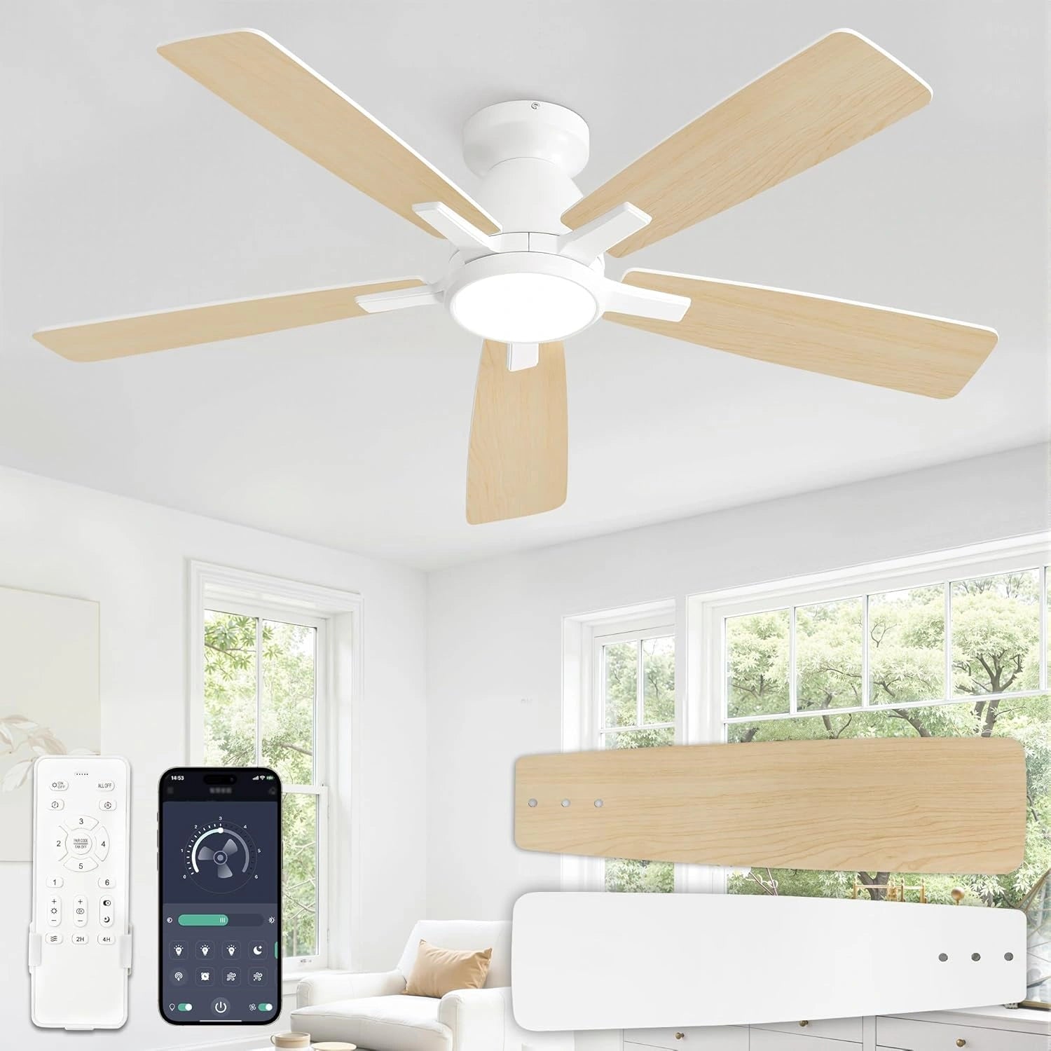 ZMISHIBO Ventilateur de Plafond avec Lumière Ø117 cm, Éclairage LED Réglable 3000K-6000K, 6 Vitesses pour Chambre et Salon