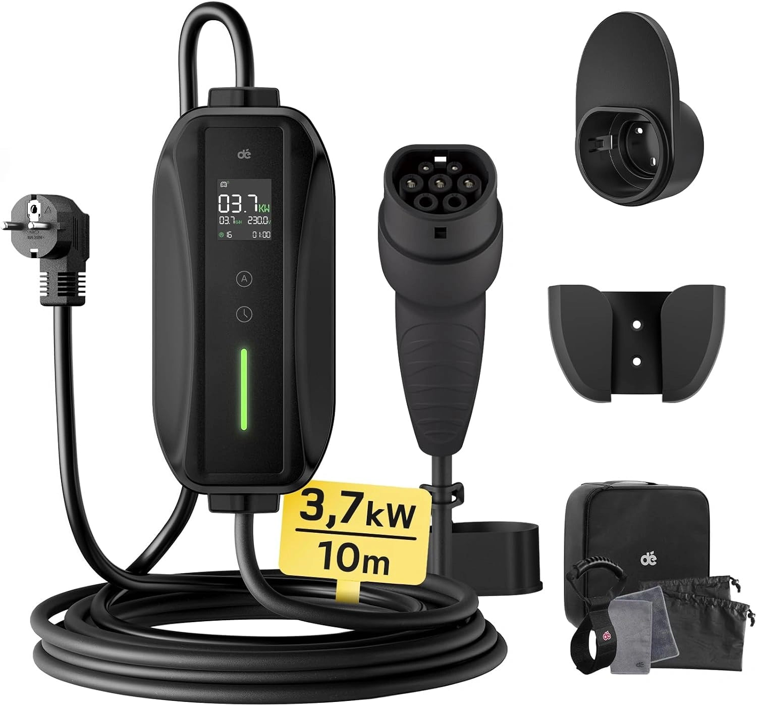 dé Chargeur Voiture Electrique Type 2 3,7 kW 10 m avec Écran LCD, IP66, Câble recharge voiture électrique Type 2, réglable 6-16 A