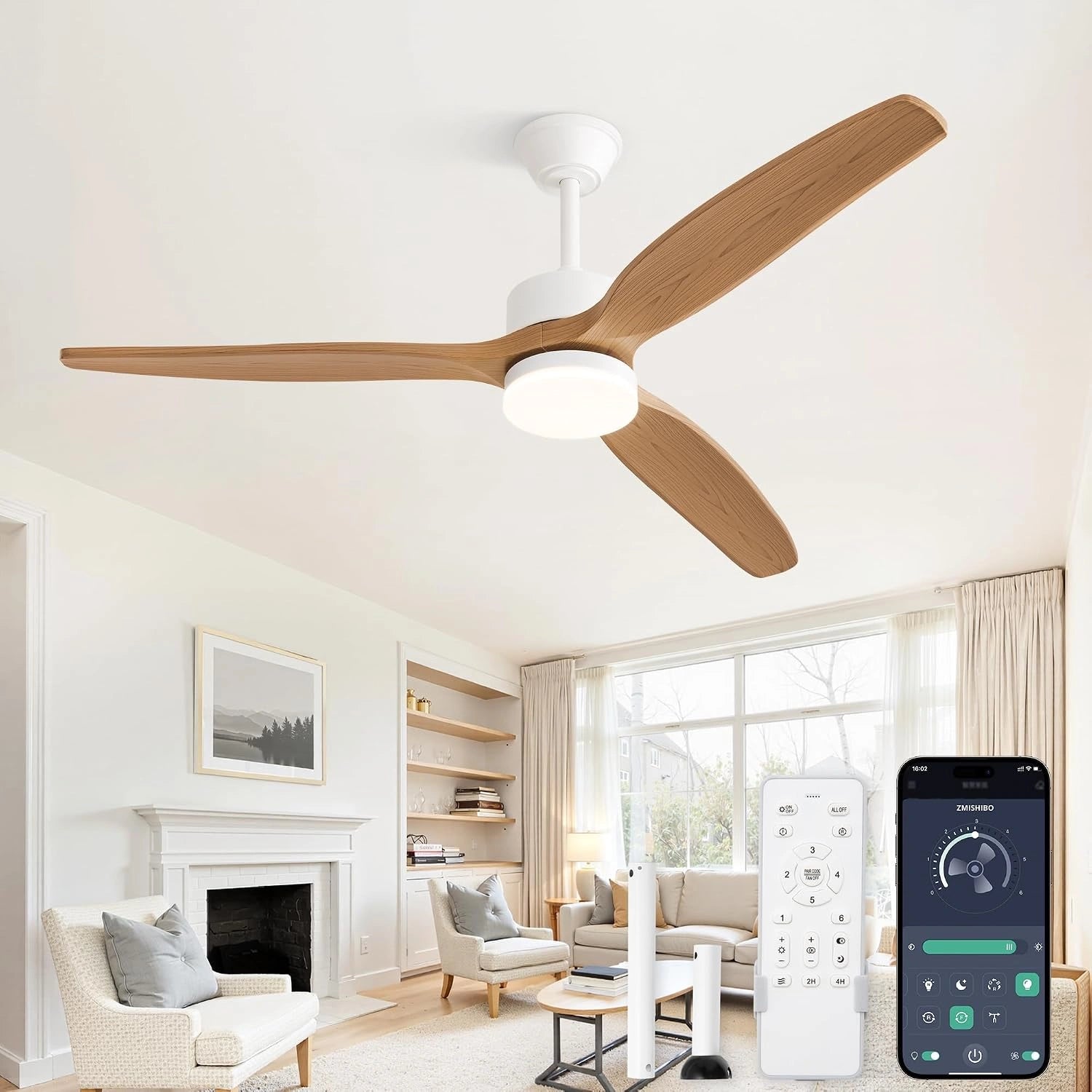 ZMISHIBO Ventilateur de Plafond avec Lumière 132 cm, 3 Pales ABS Effet Bois, 3 Températures de Couleur 6 Vitesses, Minuterie 2/4 h, Mode Été/Hiver