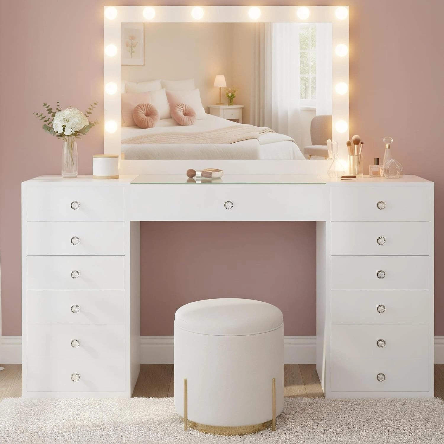 CLP Coiffeuse avec éclairage et Miroir 100x75 cm Attalla, Couleur:Blanc, Miroir Hollywood LED 3 Couleurs de lumière, avec tiroirs