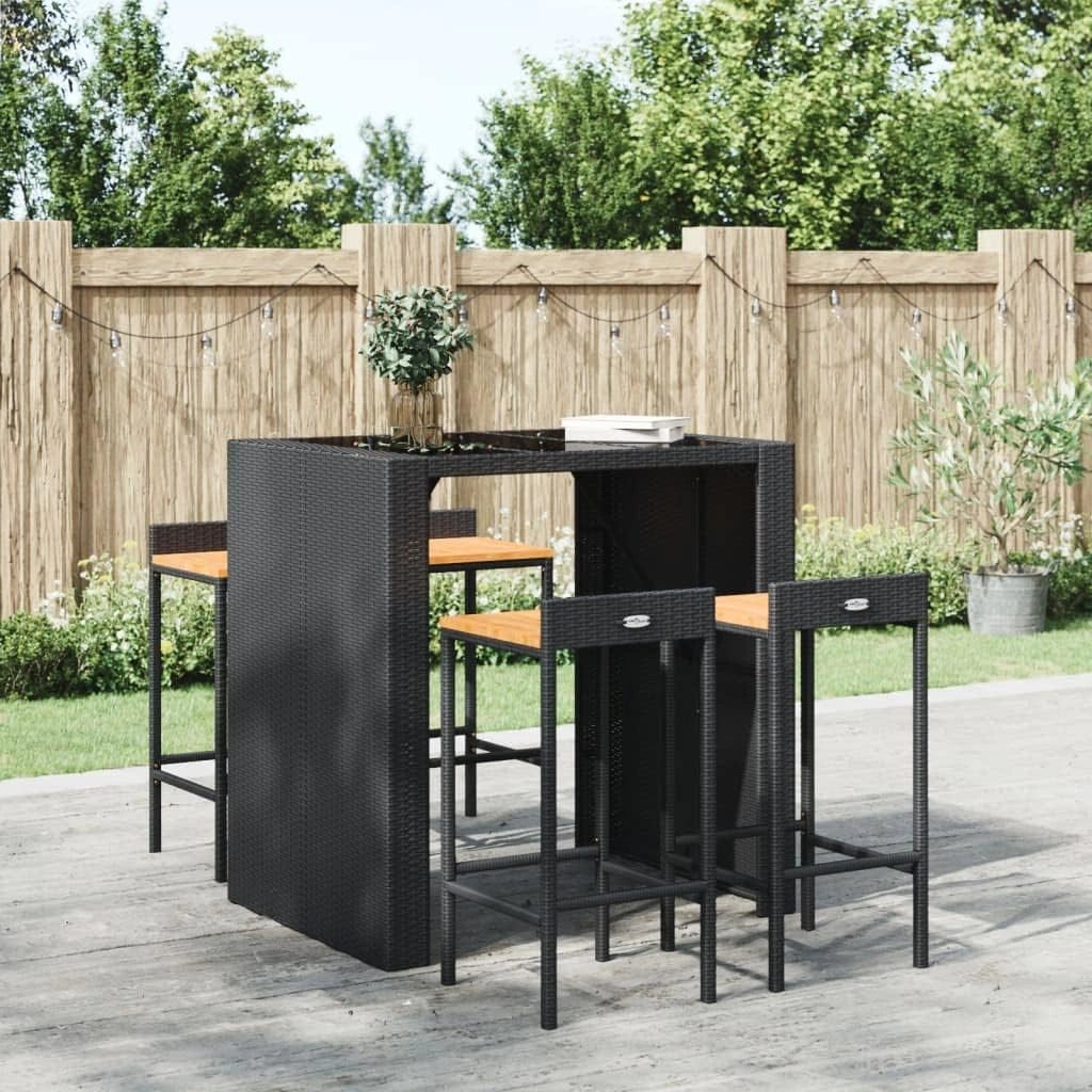 Lot de 4 tabourets de bar noirs en rotin synthétique et bois d'acacia avec repose-pieds pour l'intérieur et l'extérieur, résistants aux intempéries