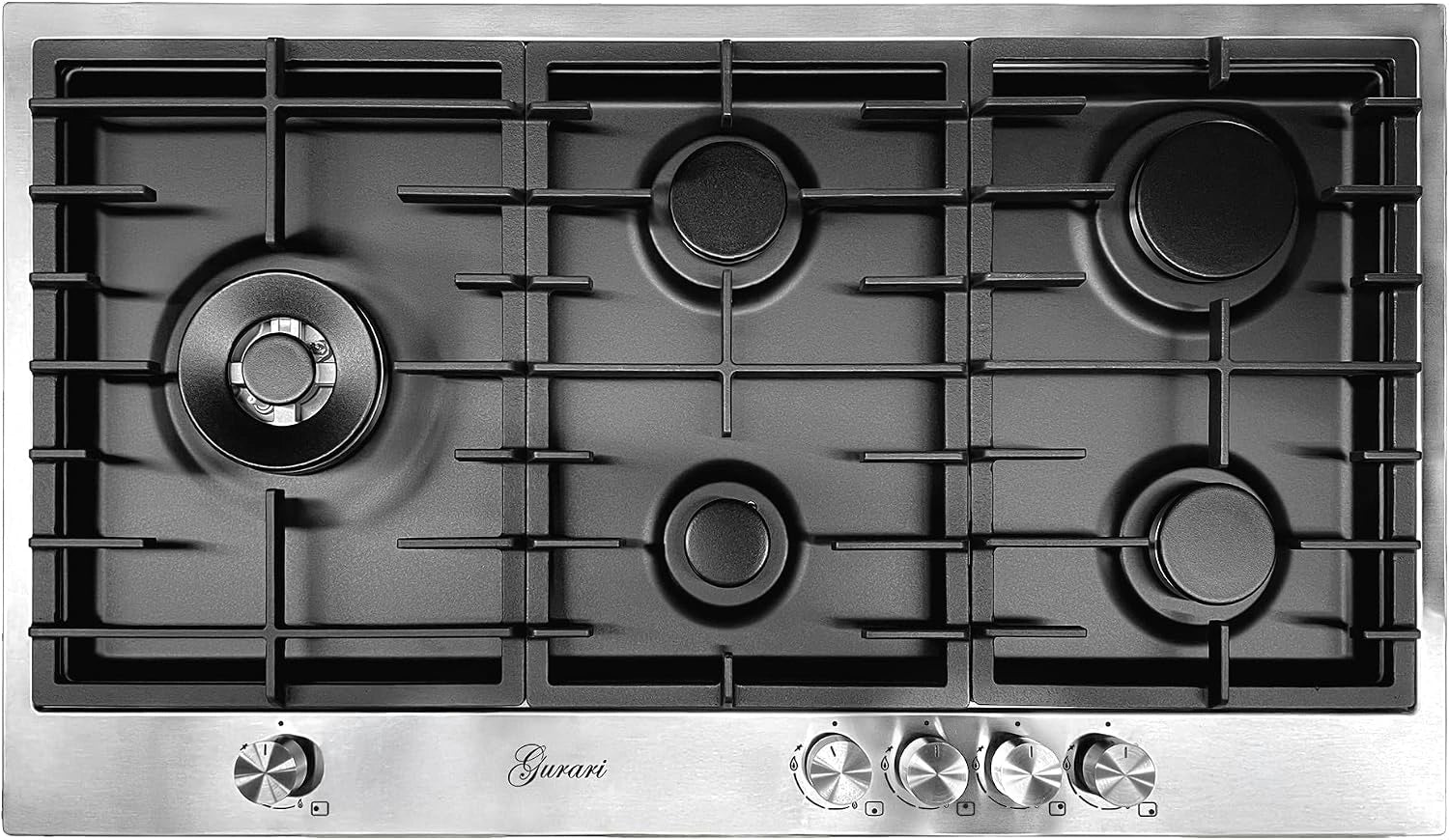 Gurari TY905VPGC Table de cuisson 90 cm, Acier inoxydable- Noir émaillé, 4,0 kW WOK, 5 brûleurs à gaz, gaz naturel, FL.Gas