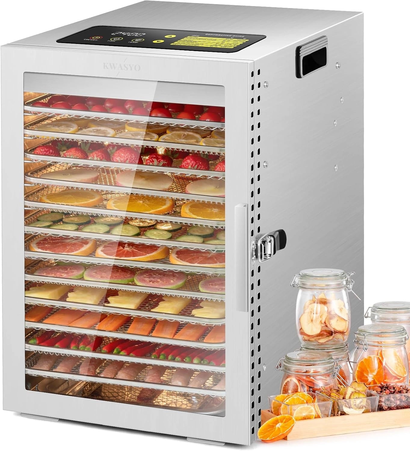 Kwasyo Deshydrateur Alimentaire avec 12 Plateaux Inox, Séchage efficace à 360 ° double ventilateur, Protection contre la surchauffe