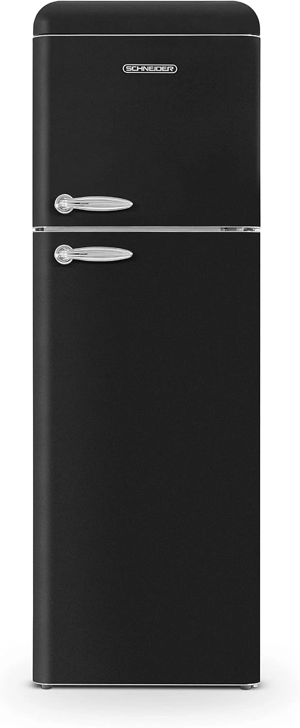 Schneider SCDD309VB, Noir, Réfrigérateur 2 portes Vintage, 302 L (227+75), 3 clayettes verre, Froid brassé, Pose libre, Thermostat réglable